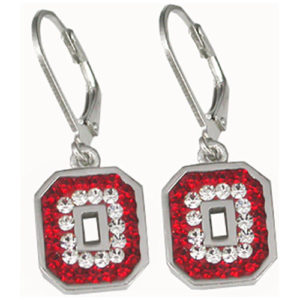 Sterling Silver Red & Gray Crystal "Block O" Dangle Earrings