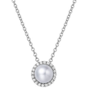 Sterling Silver Freshwater Pearl and Simulated Diamond Frame Pendant with 18" Chain