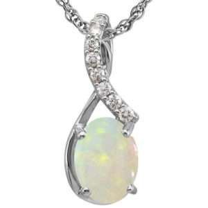 14K White Gold Opal Pendant 1/12 ct tw in Diamonds with 18" Chain