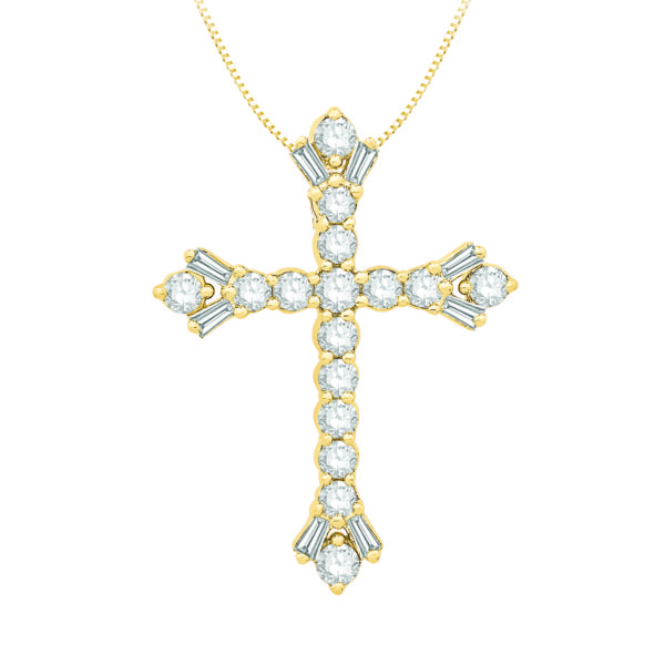 14k Yellow Gold .50 Carat Total Weight Diamond Cross Pendant with Fine Rope Chain