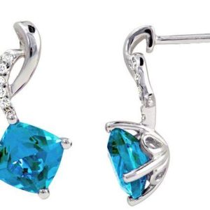 14k White Gold 6mm Blue Topaz Cushion Cut Gemstone with 1/20 Carat Total Weight Diamond Drop Earrings