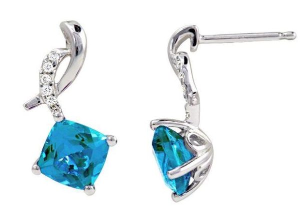 14k White Gold 6mm Blue Topaz Cushion Cut Gemstone with 1/20 Carat Total Weight Diamond Drop Earrings