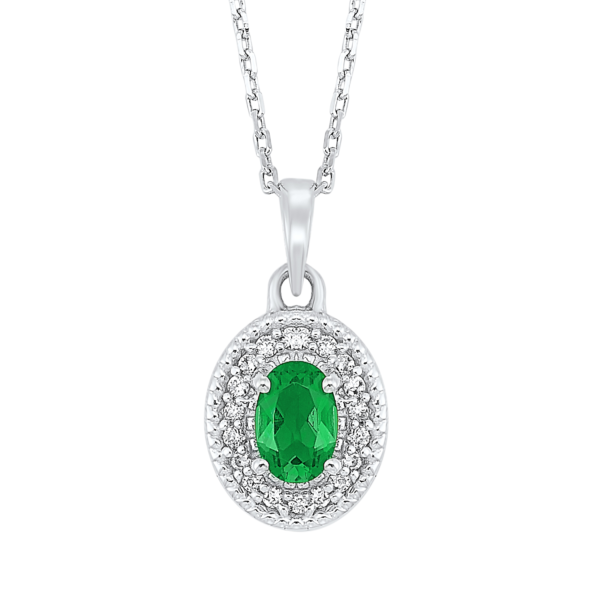 Sterling Silver Synthetic Oval Emerald and .10 ct tw Diamond Pendant