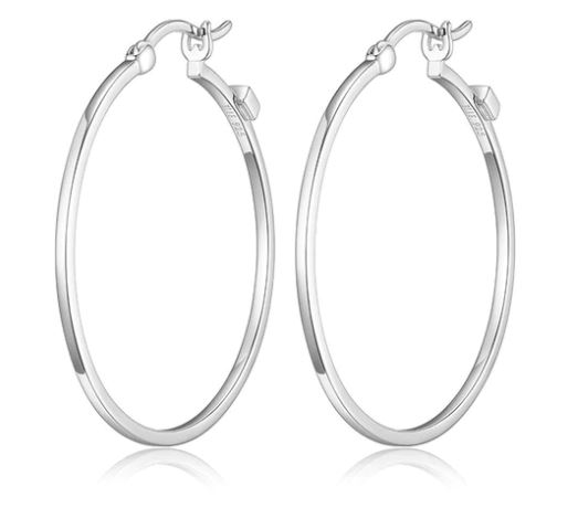 ELLE Rhodium Plated Sterling Silver Oblong Hoop Earrings w/ Snap Closure 
