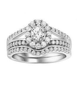 14k White Gold .30 ct Oval Center with .67 ct tw Round Brilliant Cut Diamond Engagement Ring