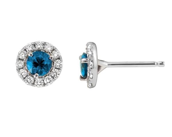 14k White Gold and 3/16 Diamond Blue Topaz Pierced Earrings