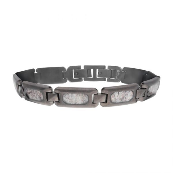 INOX Matte Finish Gun Metal IP Deer Antler Inlay Link Bracelet 8.25-8.75"