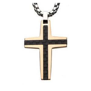 INOX MENS STAINLESS STEEL ROSE-TONE CARBON FIBER INLAY CROSS 24" NECKLACE