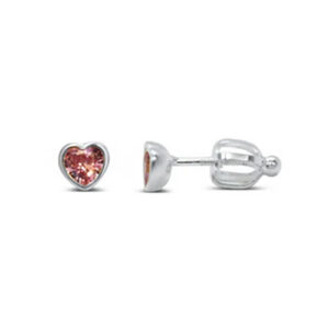 Stia Girl - Bezel Heart Pink CZ Rhodium Plated Sterling Silver Stud Earrings