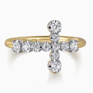 Gabriel & Co. 14k Yellow Gold Horizontal Diamond Cross Ladies Ring