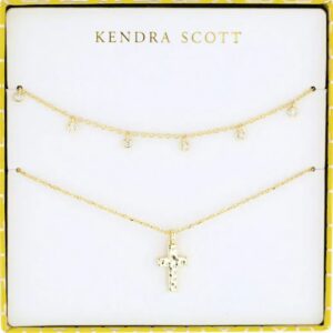 Kendra Scott Yellow Gold Plated Sterling Silver CZ Amelia Cross Necklace Gift Set