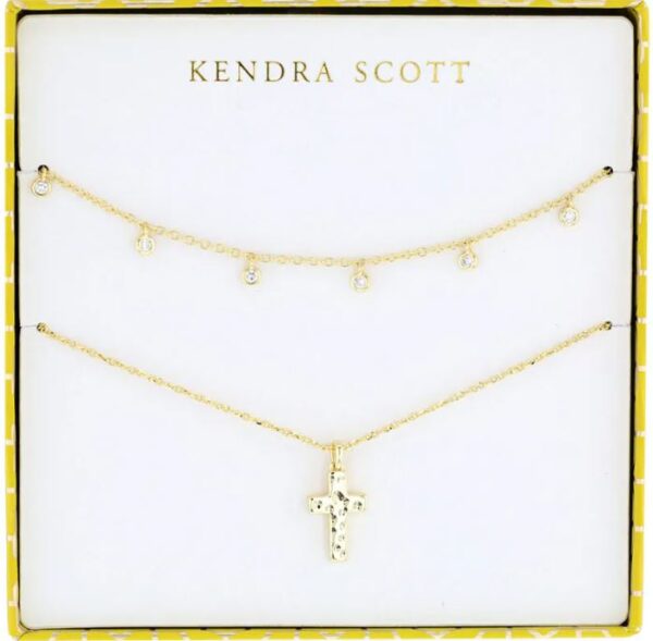 Kendra Scott Yellow Gold Plated Sterling Silver CZ Amelia Cross Necklace Gift Set