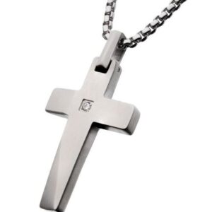 INOX Stainless Steel Large Cross with .04 Diamond ct Pendant with 22" Chain