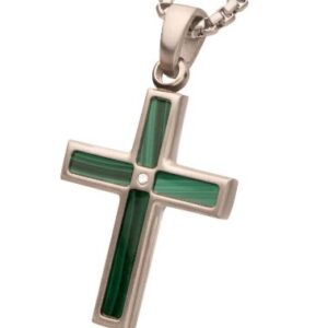 INOX Stainless Steel Malachite and .015 ct Diamond Cross Pendant with 22" Chain