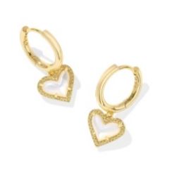 Kendra Scott Sterling Silver Gold Plated Ari Ivory Mother of Pearl Heart Huggie Earrings