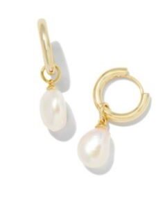 Kendra Scott Sterling Silver Gold Plated Willa White Pearl Dangle Huggie Earrings