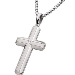 INOX Stainless Steel  Brushed .04 Diamond Cross Pendant on 22" Chain