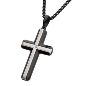 INOX Stainless Steel Brushed and Black .04 ct Diamond Cross Pendant Necklace on 22" Chain