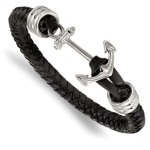 Quality Gold Stainless Steel Polished Black Braided Leather Anchor Bracelet