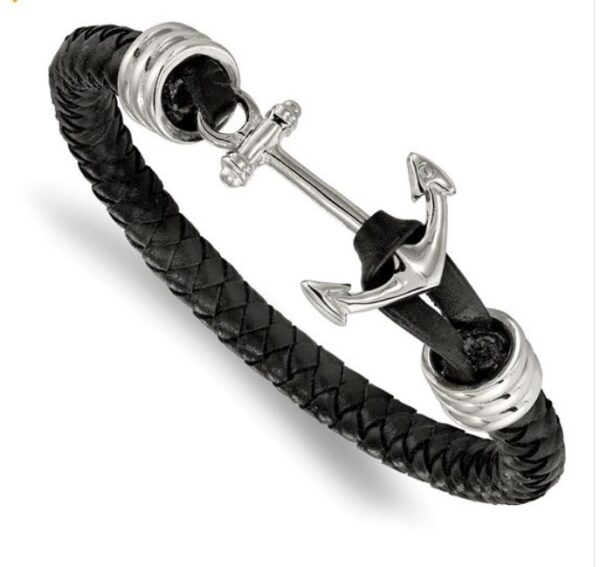 Quality Gold Stainless Steel Polished Black Braided Leather Anchor Bracelet