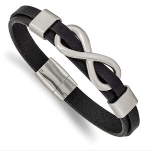 Quality Gold Stainless Steel Infinity Black Genuine Leather Bracelet