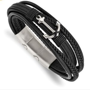 Quality Gold Stainless Steel Polished Anchor Black Genuine Leather Bracelet