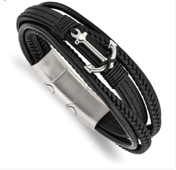 Quality Gold Stainless Steel Polished Anchor Black Genuine Leather Bracelet
