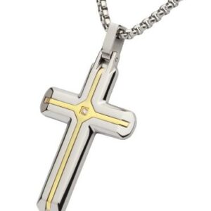 INOX Stainless Steel Two Tone Large Cross with .015 Diamond ctw Pendant with 22" Chain