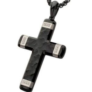 INOX Stainless Steel Hammered .06 ct Diamond Cross Pendant with 22" Chain