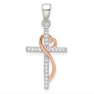 Quality Gold Sterling Silver and Rose Tone CZ Heart Cross Pendant