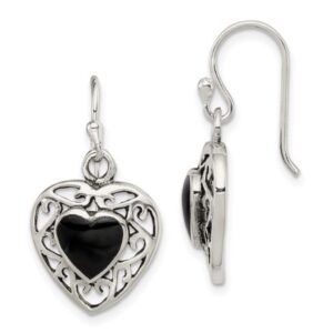 Quality Gold Sterling Silver Antiqued Onyx Heart Dangle Earrings