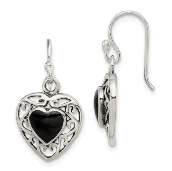 Quality Gold Sterling Silver Antiqued Onyx Heart Dangle Earrings