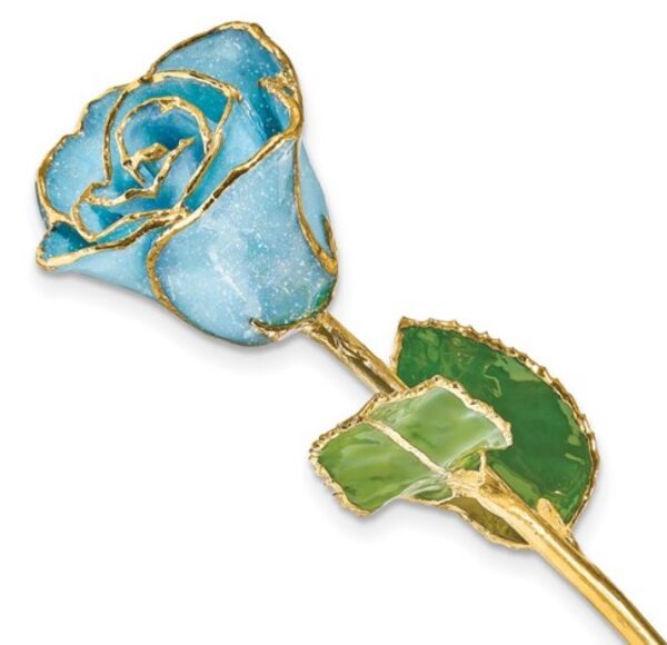 Quality Gold Lacquer Dipped Gold Trim with Glitter on Light Blue Rose