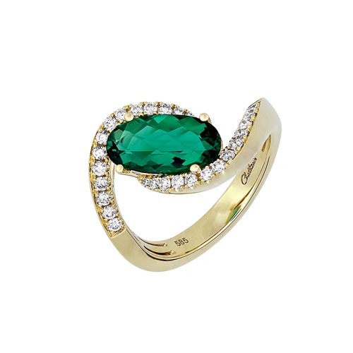 Chatham 14K Yellow Gold Ring 12X6 Oval Checkerboard Lab-grown Emerald 1.8cts, Lab-grown Diamonds .35ctw