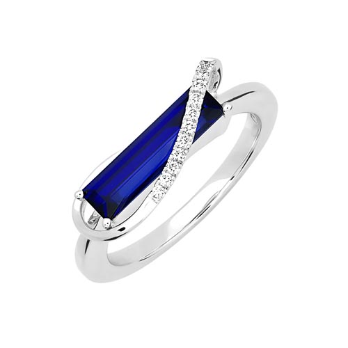 Chatham Blue Sapphire Ring 14K White Gold Ring 13X3.5 Baguette Lab-grown, 3.00cts, Lab-grown Diamonds 16.ctw