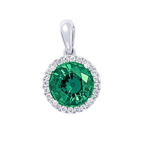 Chatham 14K White Gold Pendant 7.5 Round Lab-Grown Emerald 1.70cts with Lab-grown Diamonds .12ctw