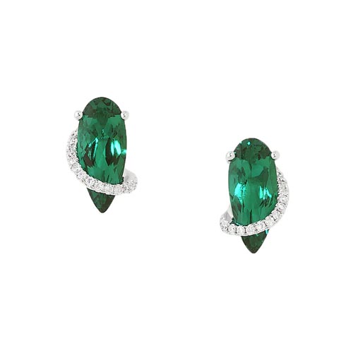 Chatham 14K White Gold Earrings, 12X5 Pear Lab-grown Emeralds 2.4cts, Lab-grown Diamonds .10ctw