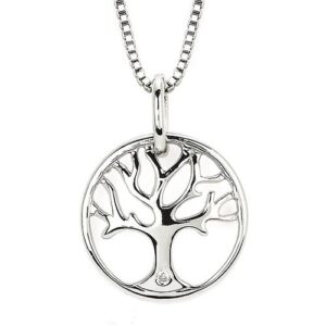 Ostbye Diva Diamonds Tree Of Life Pendant In Sterling Silver With .01 Ct. Diamond With 18" Box Chain (Adjustable To 16") And Lobster Claw Clasp