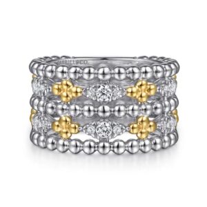 Gabriel & Co. 14K Yellow Gold and 925 Sterling Silver Bujukan White Sapphire Wide Band Ring