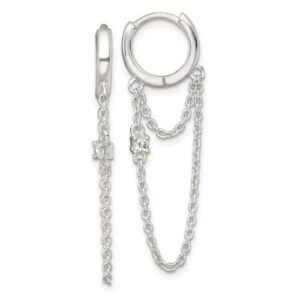 Sterling Silver Polished White CZ Dangling Chain Round Hinged Hoop Earrings
