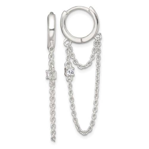Sterling Silver Polished White CZ Dangling Chain Round Hinged Hoop Earrings