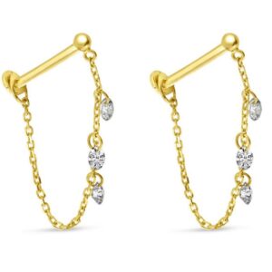 14k Yellow Gold .36 ctw Diamond Chain Dangle Flat Back Earrings