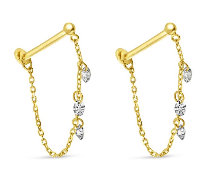 14k Yellow Gold .36 ctw Diamond Chain Dangle Flat Back Earrings
