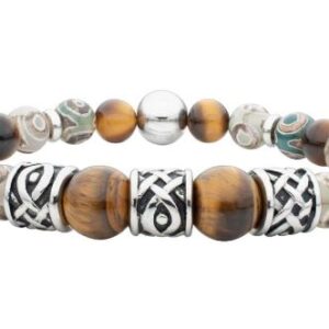 GENTS TIGER EYE / DZI STAINLESS CAST STEEL BEADED BRACELET