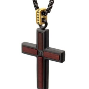 INOX Black Stainless Steel Sandalwood Inlay Black Spinel Cross with 22" Black Box Chain
