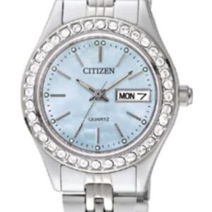 CITIZEN LADIES QUARTZ STAINLESS STELL BRACELET BLUE MOTHER OF PEARL FACE W/CRYSTAL