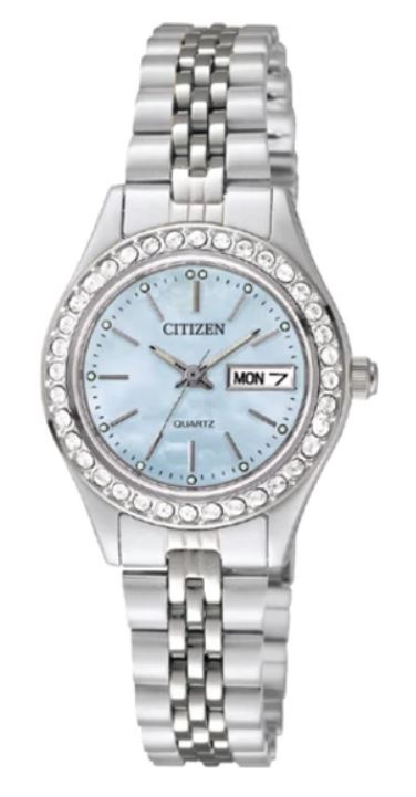 CITIZEN LADIES QUARTZ STAINLESS STELL BRACELET BLUE MOTHER OF PEARL FACE W/CRYSTAL