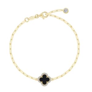 Lafonn Gold Plated Sterling Silver .68 ctw Simulated Diamond Onyx Clover Paperclip Bracelet
