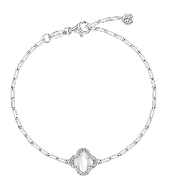 Lafonn Sterling Silver .45 ctw Simulated Diamond Mother of Pearl Clover Paperclip Bracelet