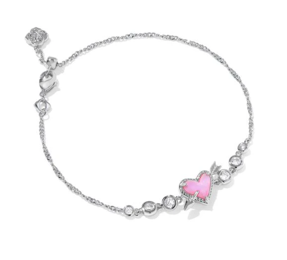 Kendra Scott Ari Sterling Silver Rhodium Plated Heart Arrow Pink Opalescent Tennis Bracelet